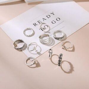 *IANTHE* 10-Pc Silver Heart Design Fashion Ring Set